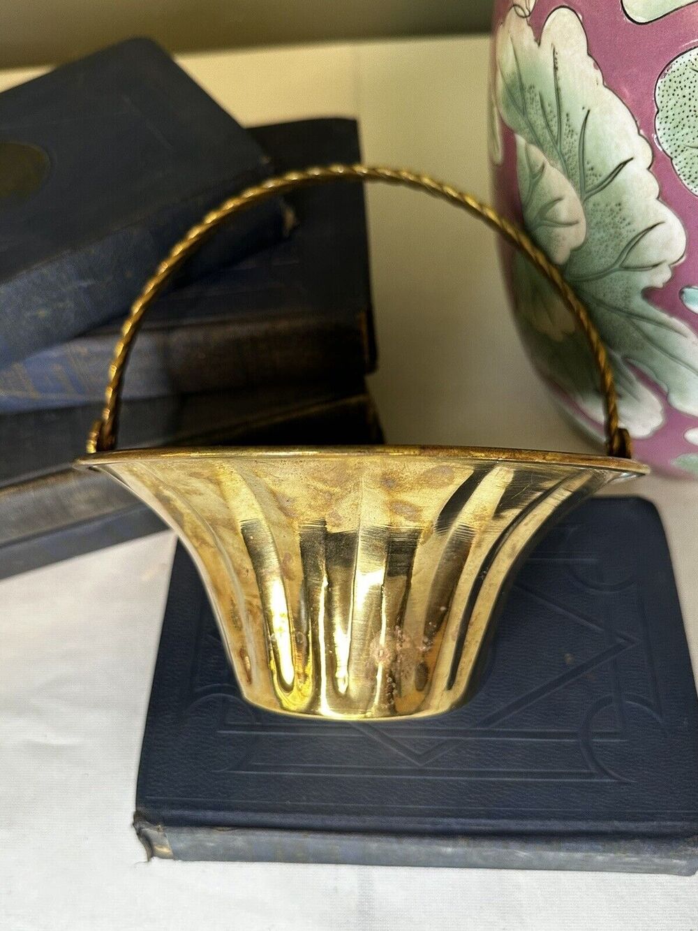 VTG Brass Basket Braided Handle French Country Cottage-core Decor Easter  MCM